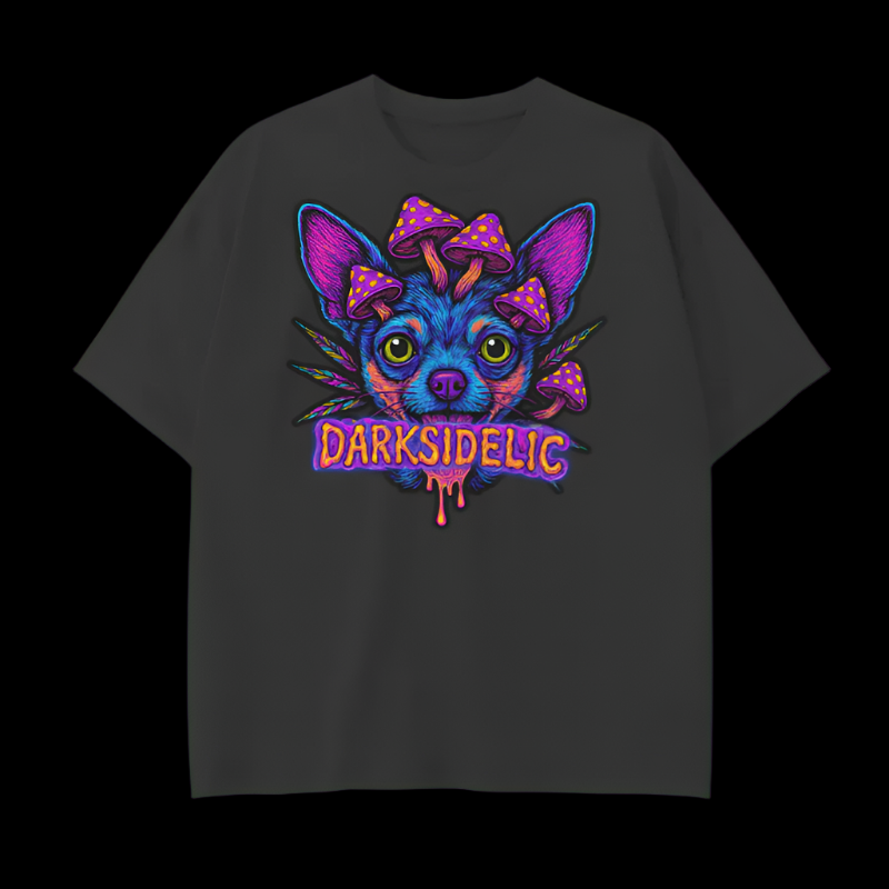 Black t-shirt with a colorful graphic of a dog with mushrooms on its head and 'DARKSIDELIC' text.